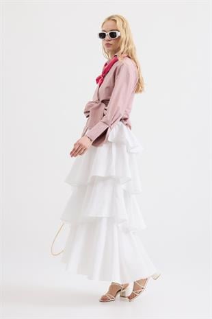 Lily Katlı Kraş Etek - Beyaz