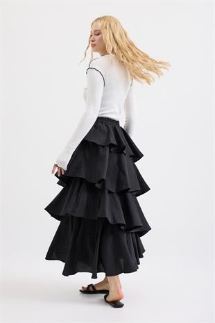 Lily Katlı Kraş Etek - Siyah