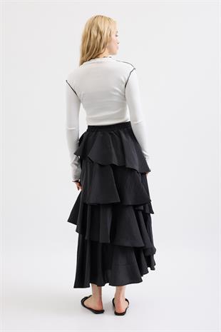 Lily Katlı Kraş Etek - Siyah