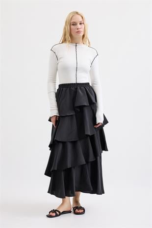Lily Katlı Kraş Etek - Siyah