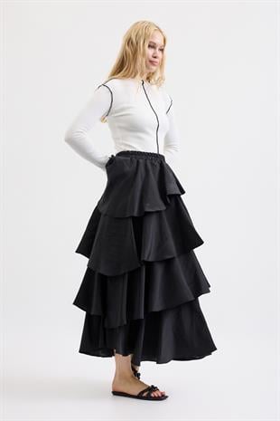 Lily Katlı Kraş Etek - Siyah