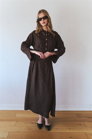 Lina Hakim Yaka Keten Gömlekli Takım- Acı Kahve 