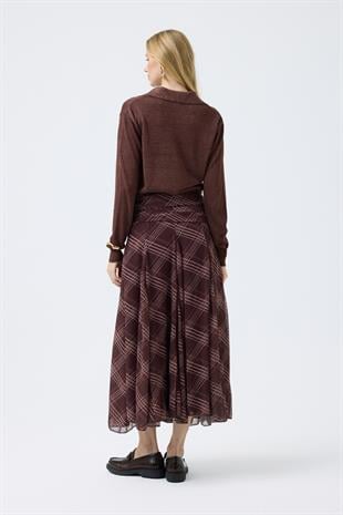 Lita Drapeli Volanlı Şifon Etek  - Kahve 