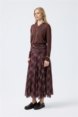 Lita Drapeli Volanlı Şifon Etek  - Kahve 