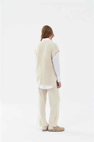 LİYA ÖNDEN YIRTMAÇLI TRİKO PANTOLON -BEJ