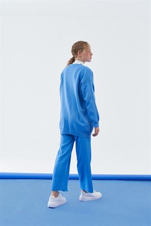 LİYA ÖNDEN YIRTMAÇLI TRİKO PANTOLON - MAVİ