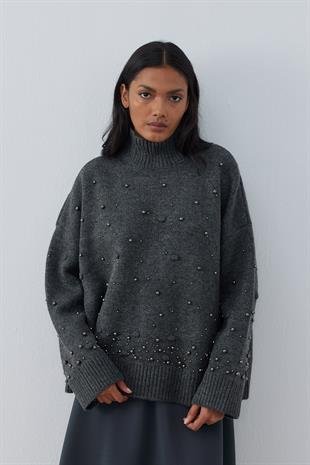 Logan Ponpon ve İncili Kazak- Antrasit