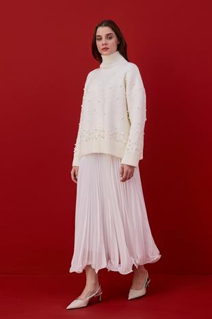 Logan Ponpon ve İncili Kazak-Beyaz