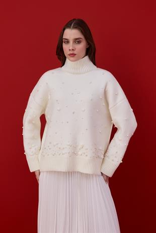 Logan Ponpon ve İncili Kazak-Beyaz