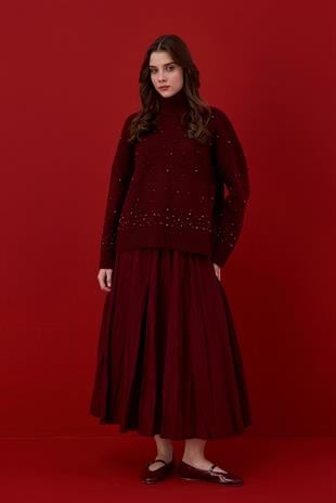 Logan Ponpon ve İncili Kazak-Bordo