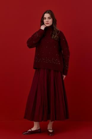 Logan Ponpon ve İncili Kazak-Bordo