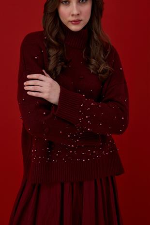 Logan Ponpon ve İncili Kazak-Bordo