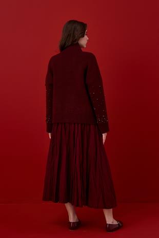 Logan Ponpon ve İncili Kazak-Bordo