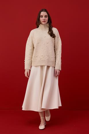 Logan Ponpon ve İncili Kazak-Ekru