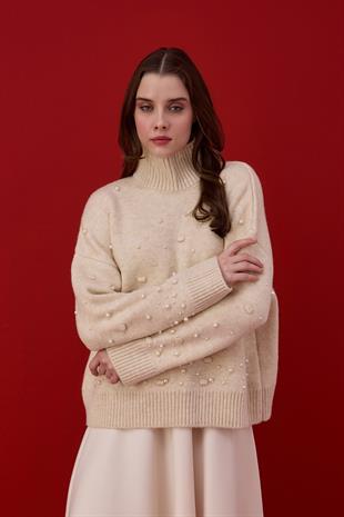 Logan Ponpon ve İncili Kazak-Ekru