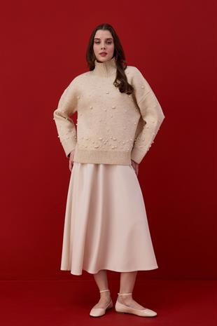 Logan Ponpon ve İncili Kazak-Ekru