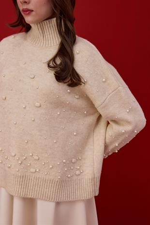 Logan Ponpon ve İncili Kazak-Ekru