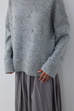 Logan Ponpon ve İncili Kazak- Gri