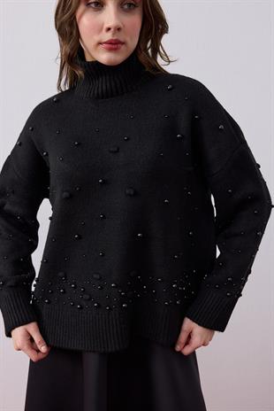 Logan Ponpon ve İncili Kazak-Siyah