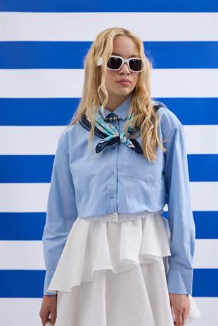 Lois Crop Lastikli Gömlek - Mavi
