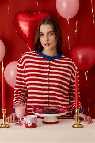 Lotus Kontrast Geçişli Hırka- Kırmızı