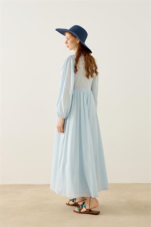 Lucianna Fiyonklu Büzgülü Vual Elbise - Mavi