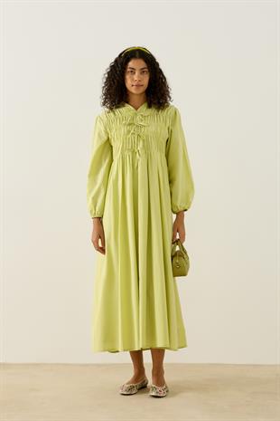 Lucianna Fiyonklu Büzgülü Vual Elbise - Yeşil