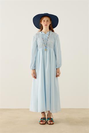 Lucianna Fiyonklu Büzgülü Vual Elbise - Mavi