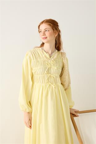 Lucianna Fiyonklu Büzgülü Vual Elbise - Limon Sarı