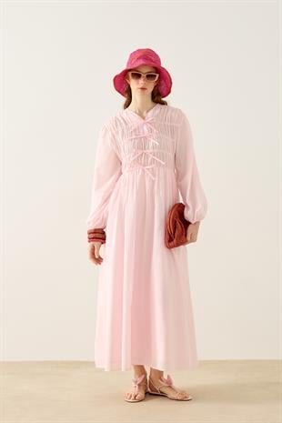 Lucianna Fiyonklu Büzgülü Vual Elbise - Pembe