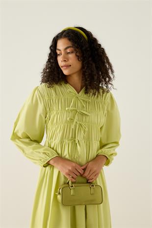 Lucianna Fiyonklu Büzgülü Vual Elbise - Yeşil