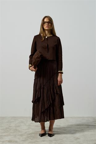 Luna Asimetrik Vual Kraş Etek - Kahverengi