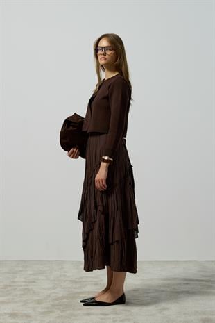 Luna Asimetrik Vual Kraş Etek - Kahverengi