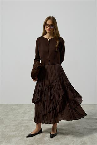 Luna Asimetrik Vual Kraş Etek - Kahverengi