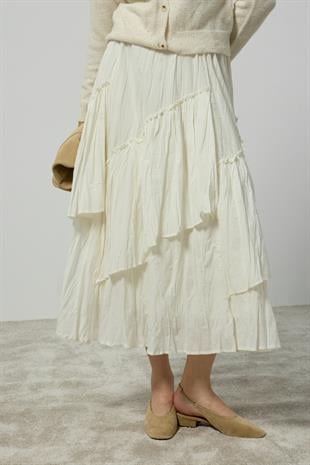 Luna Asimetrik Vual Kraş Etek - Krem