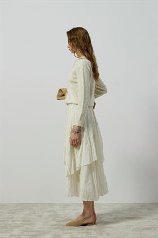 Luna Asimetrik Vual Kraş Etek - Krem