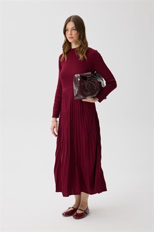 Mabel Pilise Detaylı Fitilli Triko Elbise- Bordo
