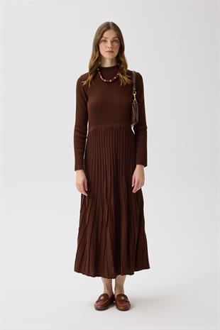 Mabel Pilise Detaylı Fitilli Triko Elbise- Kahverengi