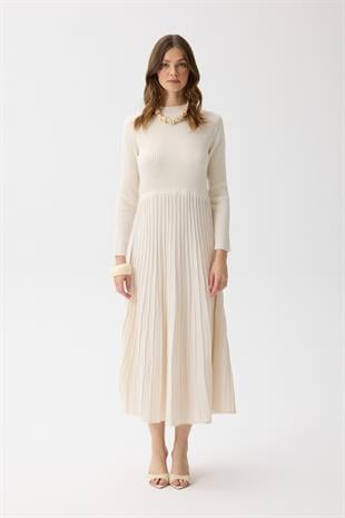 Mabel Pilise Detaylı Fitilli Elbise - Ekru 