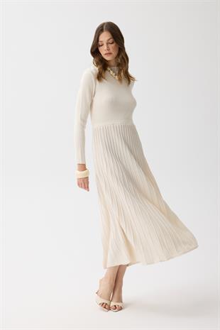 Mabel Pilise Detaylı Fitilli Elbise - Ekru 