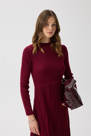 Mabel Pilise Detaylı Fitilli Triko Elbise- Bordo