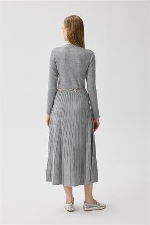 Mabel Pilise Detaylı Fitilli Triko Elbise- Gri