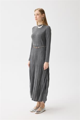 Mabel Pilise Detaylı Fitilli Triko Elbise-Antrasit