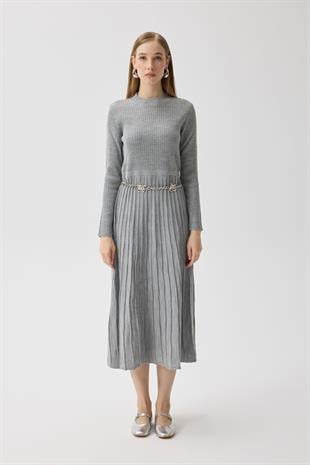 Mabel Pilise Detaylı Fitilli Triko Elbise- Gri