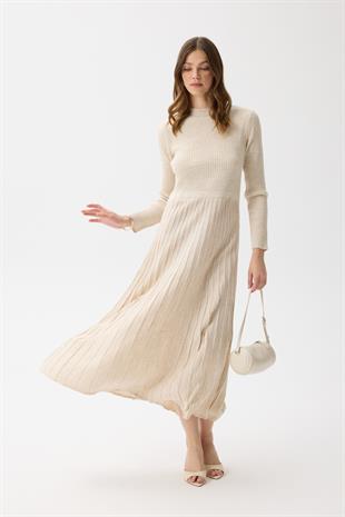 Mabel Pilise Detaylı Fitilli Triko Elbise- Taşlanmış Bej