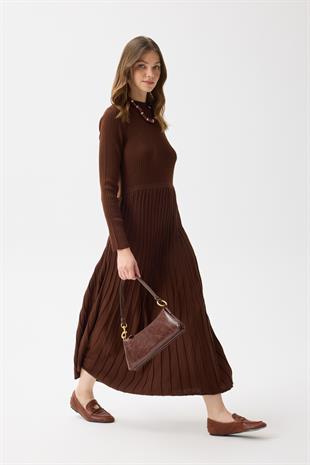 Mabel Pilise Detaylı Fitilli Triko Elbise- Kahverengi