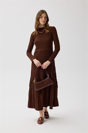 Mabel Pilise Detaylı Fitilli Triko Elbise- Kahverengi