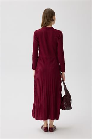 Mabel Pilise Detaylı Fitilli Triko Elbise- Bordo