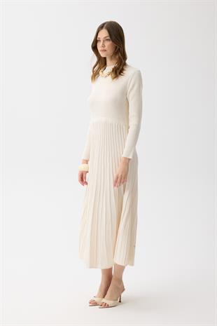 Mabel Pilise Detaylı Fitilli Elbise - Ekru 