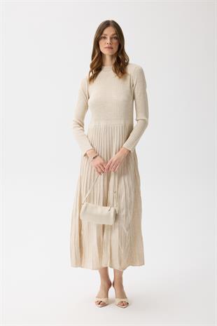 Mabel Pilise Detaylı Fitilli Triko Elbise- Taşlanmış Bej